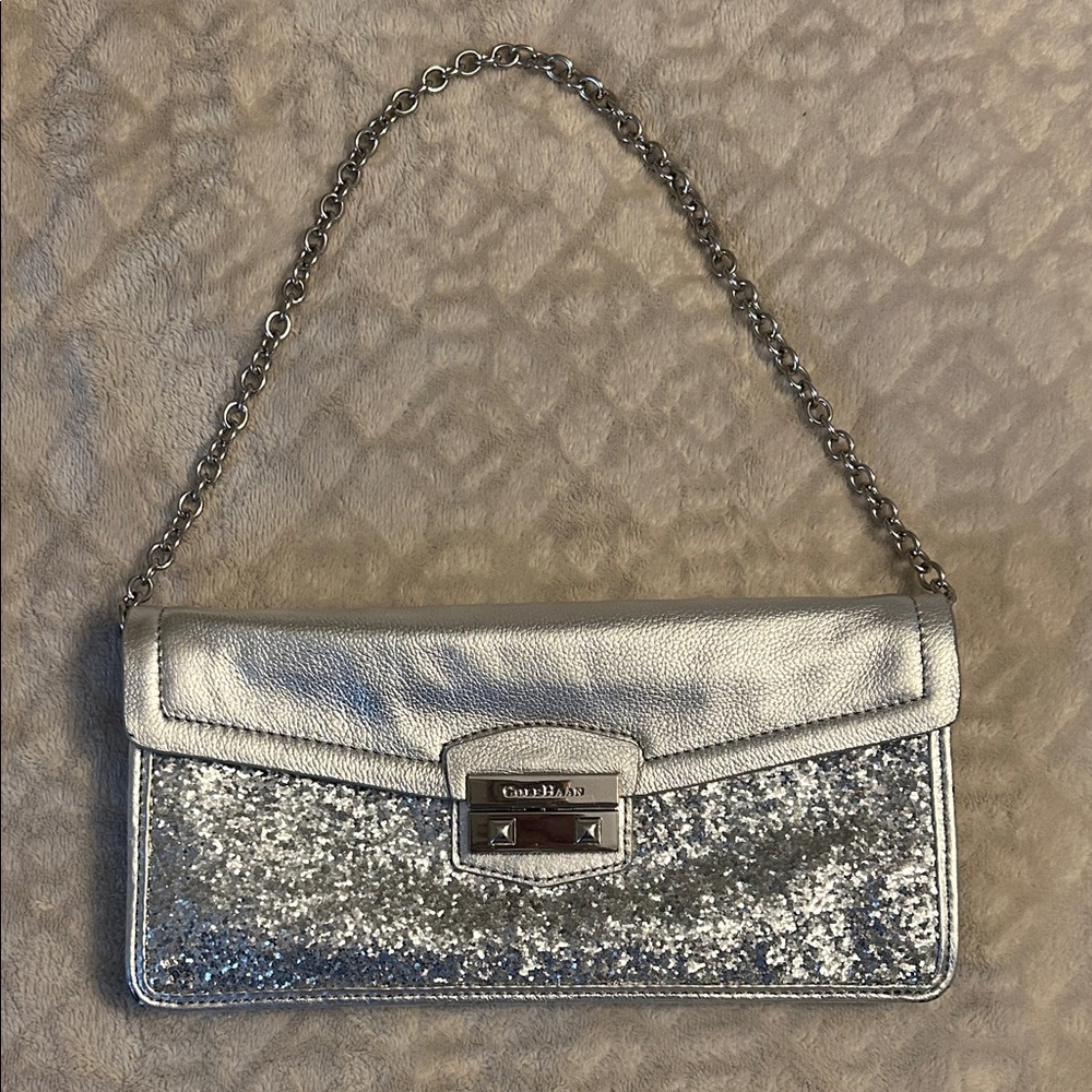 Cole Haan Silver Glitter Chain Shoulder Clutch Bag